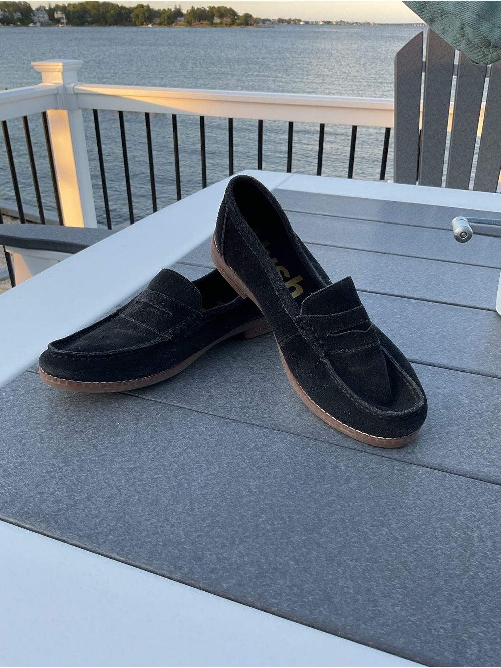 Hush Puppies Black Suede Penny Loafers with Brown Sole - Picture 5 of 5